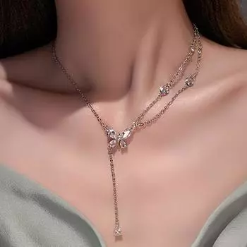 Новое ожерелье с кисточками и бабочкой из кристаллов циркона для женщин, аксессуары-колье, двойная ретро-цепочка на ключицу