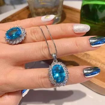 Новое ожерелье с подвеской из синего бриллианта, женское простое кольцо, женская серьга-гвоздик с синим бриллиантом