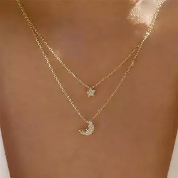 Новое ожерелье с подвеской в виде полной бриллиантовой луны и пятиконечной звезды, креативная многослойная цепочка на ключицу в стиле ретро, женская золотой