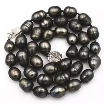 новое ОЖЕРЕЛЬЕ С ЖЕМЧУГОМ НАТУРАЛЬНОГО 9-10 ММ 18 ДЮЙМОВ, ЧЕРНО-СЕРОЕ ТАИТЯНСКИЙ РИС.