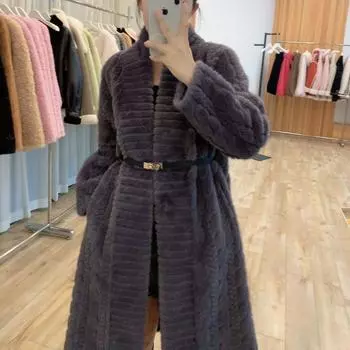Новое пальто, экологически чистая шуба из меха хорька, женский осенне-зимний пояс, тонкая длинная шуба, большой размер. M чёрный