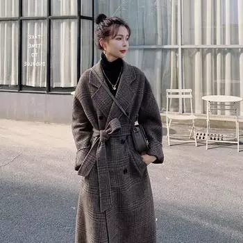 Новое пальто цвета кофе в клетку для женщин, зимнее, в корейском стиле, в стиле ретро, повседневное двубортное шерстяное пальто с завышенной талией S