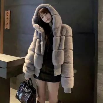 Новое пальто из искусственного меха кролика выдры, женское короткое осеннее и зимнее пальто из норки, теплое плюшевое пальто с капюшоном S белый