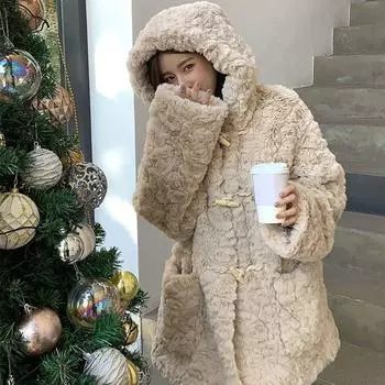 Новое пальто из искусственной овечьей шерсти с капюшоном, на хлопковой подкладке, искусственный мех, искусственный мех кролика, иностранный стиль, стиль принцессы, женское зимнее, утолщенное бархатное XS recommends less than 40kg