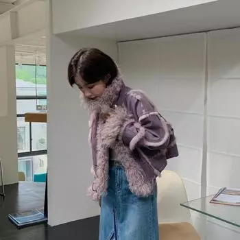 Новое пальто из кроличьего меха и меха для женщин, короткая модная крутая мотоциклетная куртка с меховым воротником из ягненка, осень и зима M