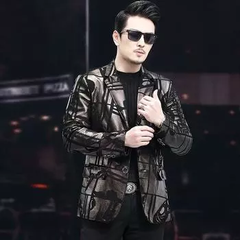 Новое пальто из натуральной кожи, мужское пальто из овчины с принтом, осень и зима, приталенный костюм с воротником 4XL