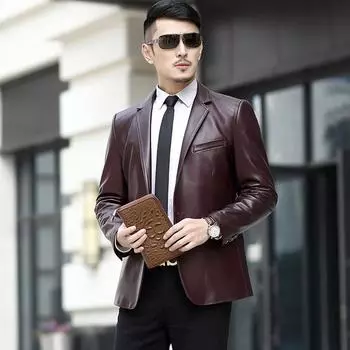 Новое пальто из натуральной кожи Haining, мужской костюм, мужской костюм, пальто, приталенная куртка, винно-красная овчина, весна и осень 4XL