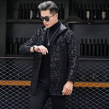 Новое пальто из натуральной кожи, мужское пальто средней длины с капюшоном из овчины с принтом, одинарная кожа, весна и осень 4XL