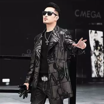 Новое пальто из натуральной кожи, мужской костюм средней длины, пальто из овчины с принтом, осенне-зимний костюм, Трендовый Тренд 4XL