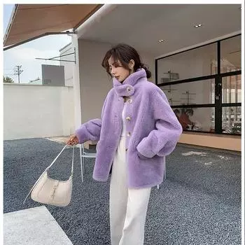 Новое пальто из овечьего флиса, женское шерстяное пальто с гранулированным мехом, корейская версия, свободное пальто из овечьей шерсти с легкой кожей и шерстью L