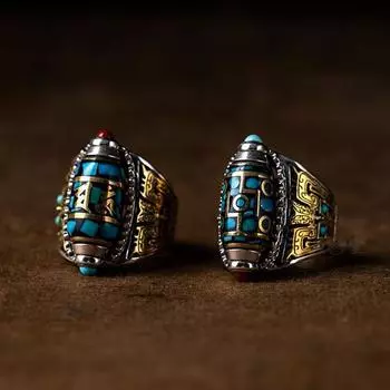 Новое переводное девятиглазое кольцо Дзи может вращаться, шестисимвольная мантра, ретро властное кольцо, ювелирные аксессуары Resizable старый серебряный