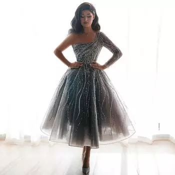 Новое платье 2025 года, облегающее платье с рукавами на плечах, яркое серебристое платье. S серебряный