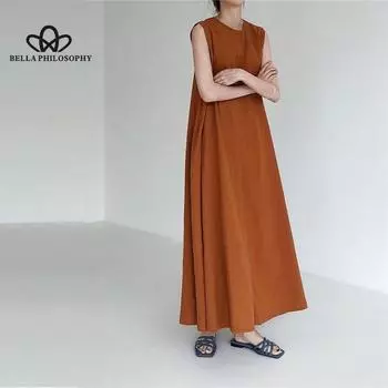 Новое платье А-силуэта Свободное длинное платье Повседневное нишевое однотонное платье без рукавов с круглым вырезом для женщин Повседневное повседневное платье M абрикосовый