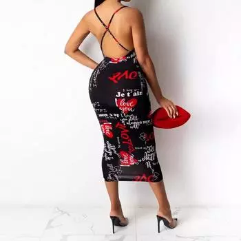 Новое платье без рукавов с воротом, сексуальная узкая юбка с запахом на бедрах, юбка средней длины с принтом S чёрный