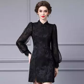 Новое платье Cheongsam с китайской вышивкой, кружевной сеткой и ретро-пряжкой, осенне-зимнее платье S чёрный
