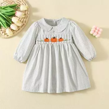 Новое платье для девочек на весну и осень с вышитыми тыквами на Хэллоуин с длинными рукавами в полоску, платье принцессы 80cm зелёный