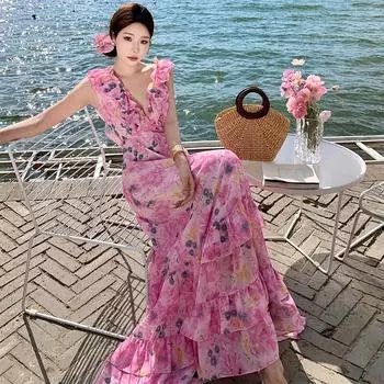 Новое платье феи во французском стиле, элегантное платье знаменитости с цветочным принтом, женское летнее праздничное платье с рюшами S розовый