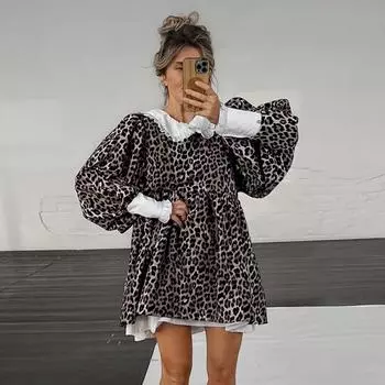 Новое платье-футляр с длинными рукавами-фонариками, женское платье-трапеция с леопардовым принтом, двухъярусное, с высокой талией и подтяжками S болюс
