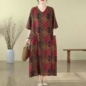 Новое платье из хлопка и льна с коротким рукавом больших размеров, винтажное платье с цветочным принтом для женщин, повседневное свободное длинное летнее платье