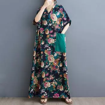 Новое платье из хлопка и льна с коротким рукавом больших размеров, винтажное платье с цветочным принтом для женщин, повседневное свободное длинное летнее платье макси синий