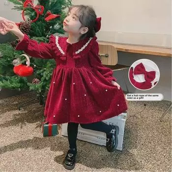 «Новое платье из красного бархата и жемчуга для девочек 2024 года — коллекция осень/зима» 150 cm красный
