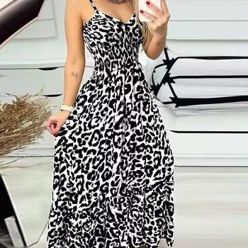 Новое платье-комбинезон с леопардовым принтом и V-образным вырезом, платье с высокой талией, сексуальный темперамент, модное длинное платье S чёрный