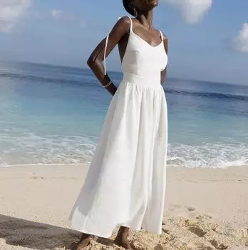 Новое платье на подтяжках с v-образным вырезом, женское весеннее элегантное и сексуальное платье с открытой спиной на бретельках L белый