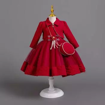 Новое платье принцессы из 3 предметов для девочек, элегантное платье с длинными рукавами и вышивкой для девочек, детское платье для дня рождения + комплект сумок 100 красный