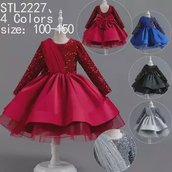 Новое платье принцессы с длинными рукавами и пайетками для малышей и детей 130cm