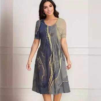 Новое платье с круглым вырезом и принтом для женщин, свободное платье миди с коротким рукавом и высокой талией, летнее повседневное модное платье миди, дышащее легкое удобное платье размера плюс XL