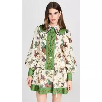 Новое платье с лацканами с принтом, повседневное мини-плиссированное платье с цветочным принтом павлина, женское платье с длинным рукавом-фонариком, модные праздничные платья, летний свободный халат S бежевый