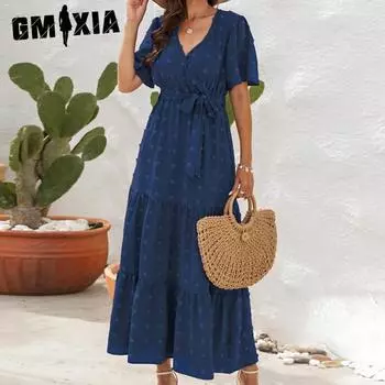 Новое платье с v-образным вырезом и высокой талией на бретелях, длинное платье с короткими рукавами и длинными рукавами, праздничное дорожное платье S красный