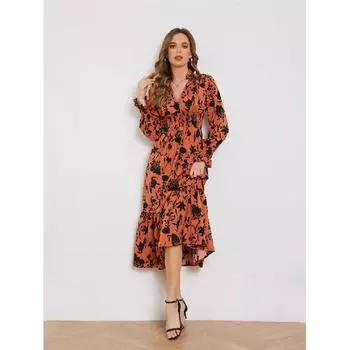 Новое платье с V-образным вырезом, длинными рукавами и высокой талией с цветочным принтом для женщин S