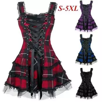 Новое платье в готическом стиле, женское платье без рукавов с перекрестной шнуровкой, тонкая талия, короткие средневековые костюмы для косплея XXXXXL чёрный