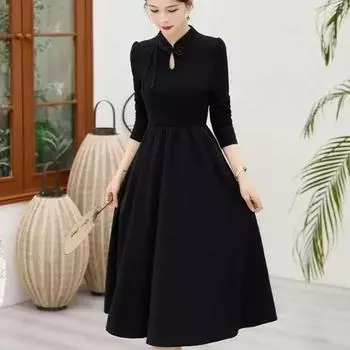 Новое платье в китайском стиле с воротником-стойкой и пряжкой, однотонное, большого размера, для женщин L чёрный