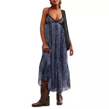 Новое платье в стиле бохо с длинной юбкой на подтяжках и высокой талией с V-образным вырезом и цветочным принтом L синий
