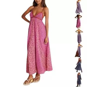 Новое платье в стиле бохо с длинной юбкой на подтяжках и высокой талией с V-образным вырезом и цветочным принтом L синий