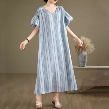Новое платье в винтажную полоску с коротким рукавом больших размеров для женщин, повседневное свободное длинное летнее платье синий