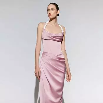 Новое платье женская одежда новый воротничок ведущий банкет тонкий подружка невесты юбка атласное платье S розовый