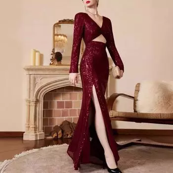 Новое платье женская одежда, сексуальное темпераментное банкетное черное платье с длинными рукавами и пайетками длинное платье S синий