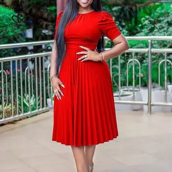 Новое плиссированное однотонное платье больших размеров с короткими рукавами в европейском и американском стиле, модное повседневное элегантное вечернее платье S жёлтый