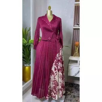 Новое плиссированное платье А-силуэта, элегантный костюмный воротник, средняя длина, утягивающая талия, стройнящая женская юбка со складками One Size красный