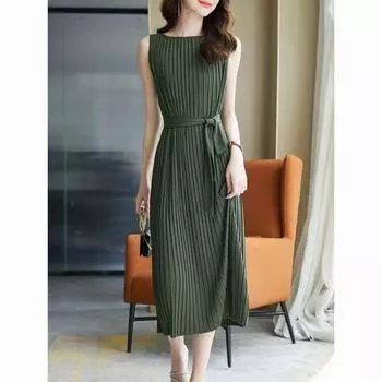 Новое плиссированное свободное летнее платье без рукавов с круглым вырезом, темпераментная длинная юбка, плиссированное платье с поясом для эффекта похудения One Size зелёный