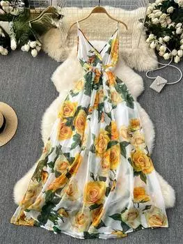 Новое пляжное длинное платье с милым ремешком, женское платье трапециевидной формы без рукавов с V-образным вырезом и молнией, корейское шифоновое платье с цветочным принтом, отпускная одежда S жёлтый
