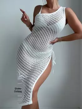 Новое пляжное платье в сексуальном стиле с разрезом, длинное, накидка для бикини, ажурный кардиган для женщин S белый