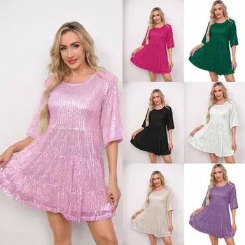 Новое популярное модное однотонное платье со свободной талией и короткими рукавами, вечернее платье с пайетками S чёрный