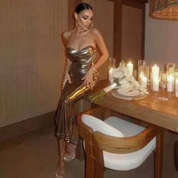 Новое популярное золотое платье с открытой спиной на бретельках и металлической текстурой, бюстгальтер с многоуровневым воротником, платье с открытой спиной, женское платье для ночного клуба L золотой