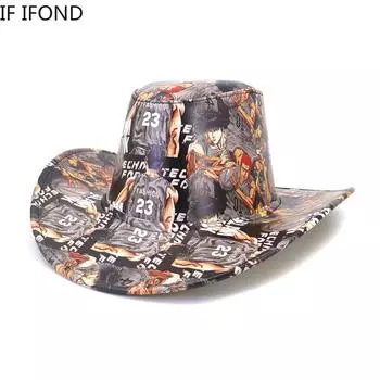 Новое поступление 2022 года, женские ковбойские шляпы в стиле вестерн, из искусственной кожи с широкими полями, вечерние шляпы в стиле пастушки, уличные граффити, хип-хоп, джазовые кепки 56-58cm