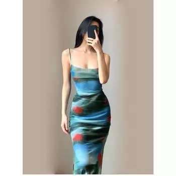 Новое поступление 2024 года Французский стиль Ретро Европа и Америка Платье Сексуальное Облегающее Платье на бретелях с принтом тай-дай Стройнящее Пляжный отдых Гонконгский стиль Render Blue XL