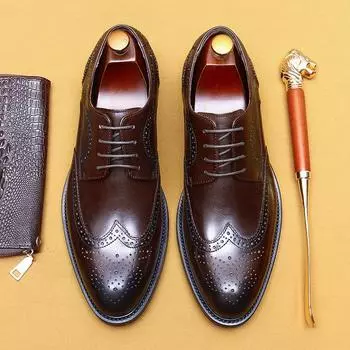 Новое поступление 2024 года, мужские кожаные туфли-броги с острым носком, натуральная кожа, мужские деловые формальные туфли, большие размеры 38-46 6 чёрный
